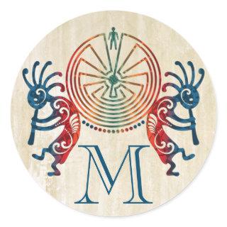 KOKOPELLI / MAN IN THE MAZE + your monogram Classic Round Sticker