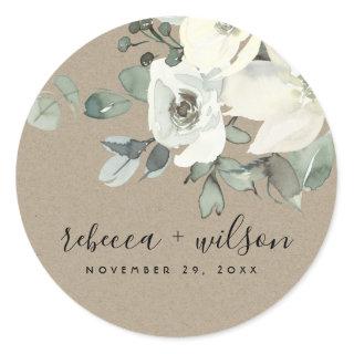 KRAFT IVORY WHITE FLORAL WATERCOLOR BUNCH WEDDING CLASSIC ROUND STICKER