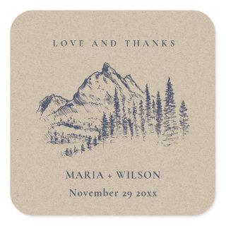 Kraft Navy Pine Woods Mountain Sketch Wedding Square Sticker