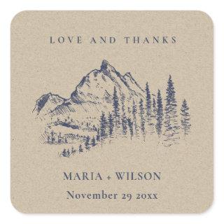 Kraft Navy Pine Woods Mountain Sketch Wedding Square Sticker