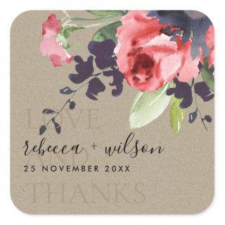 KRAFT RED ROSE FLORAL LOVE AND THANKS WEDDING SQUARE STICKER