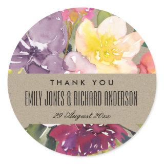 KRAFT YELLOW BLUSH BURGUNDY FLORAL THANK YOU CLASSIC ROUND STICKER