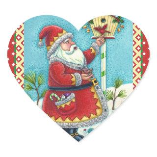 KRIS KRINGLE FEEDING REDBIRDS, CHRISTMAS BIRDHOUSE HEART STICKER