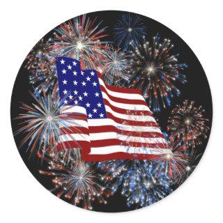 KRW Patriotic American Flag and Fireworks Classic Round Sticker