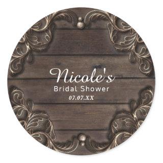 Lace & Dark Wood Rustic Vintage Western Wedding Classic Round Sticker