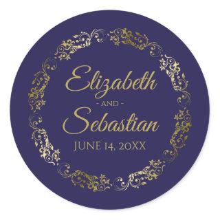 Lacy Gold Filigree Elegant Navy Blue Wedding Favor Classic Round Sticker
