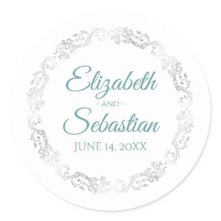 Lacy Silver Border Elegant Teal & White Wedding Classic Round Sticker