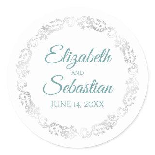 Lacy Silver Border Elegant Teal & White Wedding Classic Round Sticker