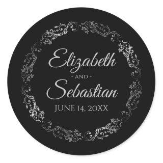 Lacy Silver Filigree Elegant Black Wedding Classic Round Sticker