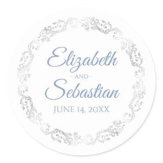 Lacy Silver Filigree Elegant Blue on White Wedding Classic Round Sticker