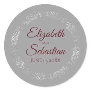 Lacy Silver Filigree Elegant Burgundy Gray Wedding Classic Round Sticker