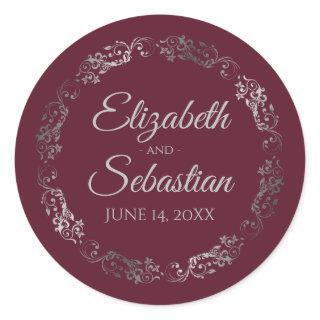 Lacy Silver Filigree Elegant Burgundy Wedding Classic Round Sticker