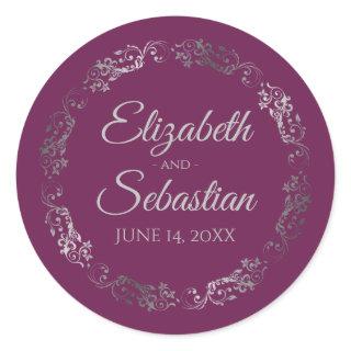 Lacy Silver Filigree Elegant Cassis Purple Wedding Classic Round Sticker