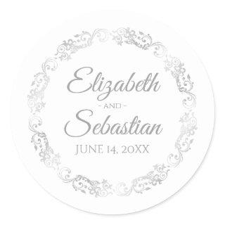 Lacy Silver Filigree Elegant Gray on White Wedding Classic Round Sticker