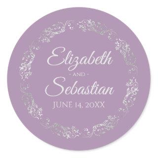 Lacy Silver Filigree Elegant Lavender Wedding Classic Round Sticker