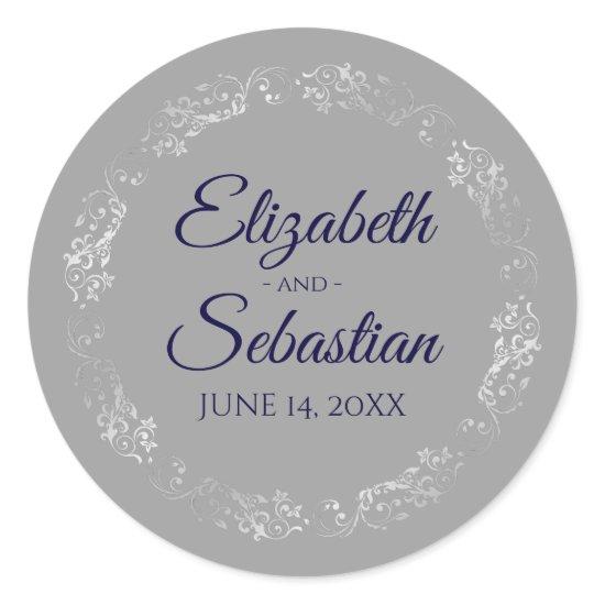 Lacy Silver Filigree Elegant Navy on Gray Wedding Classic Round Sticker