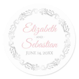 Lacy Silver Filigree Elegant Pink on White Wedding Classic Round Sticker