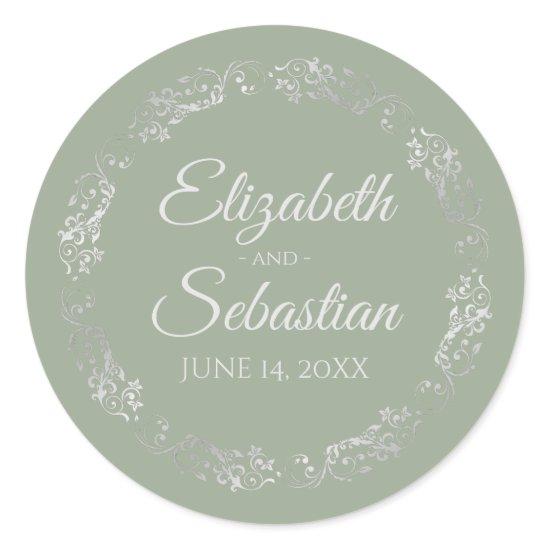 Lacy Silver Filigree Elegant Sage Green Wedding Classic Round Sticker