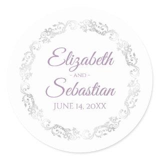 Lacy Silver Frills Elegant Lavender White Wedding Classic Round Sticker