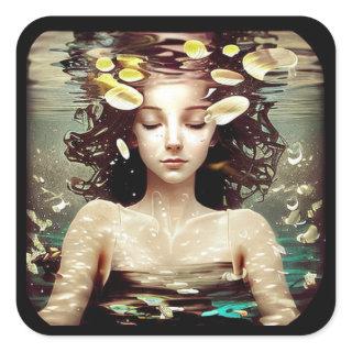 Lady Under Water, | AI Generated Artwork Square Sticker