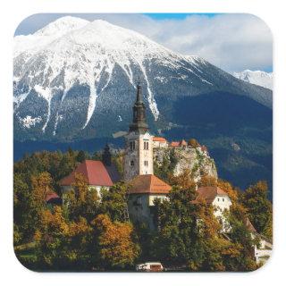 Lake Bled landscape in autumn Square Sticker