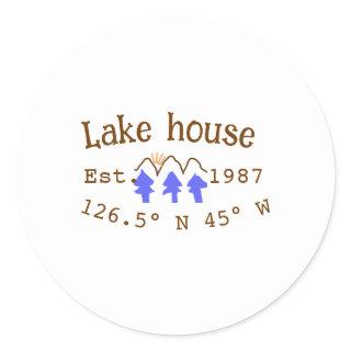 Lake house ets. Date year custom coordinates add n Classic Round Sticker
