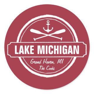 Lake Michigan, custom town, name, anchor, paddles Classic Round Sticker