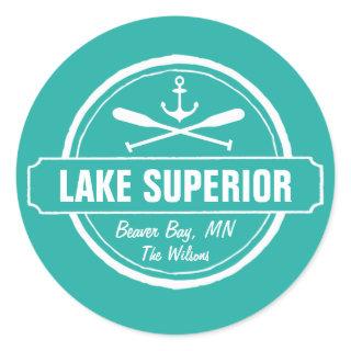Lake Superior, custom town, name, anchor, paddles Classic Round Sticker