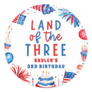 Land Of The Three 4th of July 3rd Birthday Party Classic Round Sticker