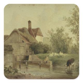 Landscape with a cottage square sticker