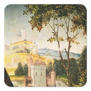 Landscape with castle in a moat and two swans square sticker
