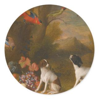 Landscape with exotic birds and two dogs classic round sticker
