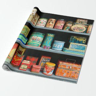 Large collection of colorful vintage cans displaye