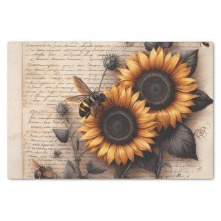 Large Sunflowers with Bees on Script Tissue Paper
