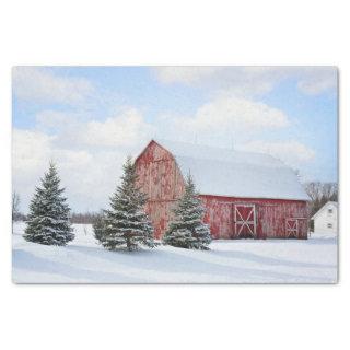 Large Weathered Red Barn with Cute Pine Trees Tissue Paper