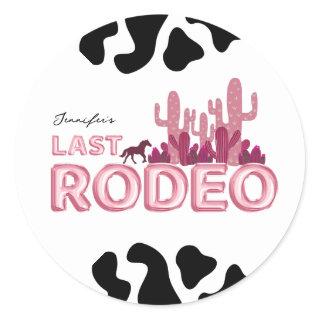 Last rodeo balloon font and cow print classic round sticker