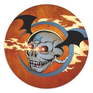 Laughing Flaming Eyeballs Skull with Bat Wings Classic Round Sticker