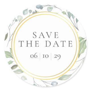Laurel Garland Faux Gold Foil Save the Date Favor Classic Round Sticker