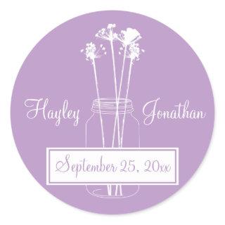 Lavender and White Mason Jar Save The Date Classic Round Sticker
