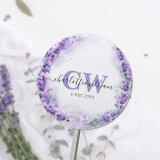 Lavender Elegant Watercolor Monogram Wedding Classic Round Sticker