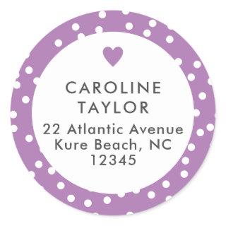 Lavender Heart & Dots Cute Purple Girly Address Classic Round Sticker