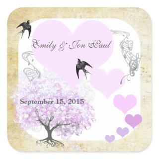 Lavender Heart Leaf Tree Wedding Square Sticker