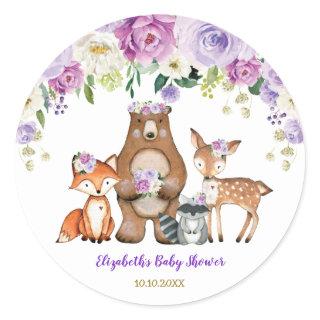 Lavender Rose Peony Woodland Baby Shower Birthday Classic Round Sticker