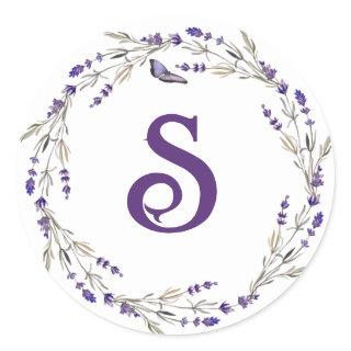 Lavender Wreath with Monogram Inital Classic Round Sticker