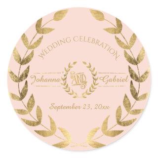 Leaf Greenery Wreath Pink Gold Wedding Celebration Classic Round Sticker
