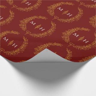 Leaf oval monogram drawing gold on dark red