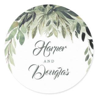 Leafy Greenery Elegant Wedding Classic Round Sticker