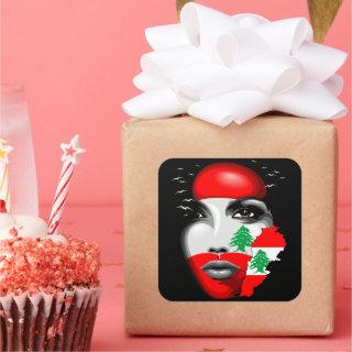 Lebanon Flag and Map on girl's face Square Sticker