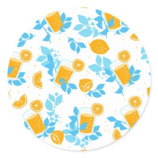 Lemon and Lemonade Blue Floral Pattern Classic Round Sticker