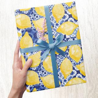 Lemon Citrus Watercolor Blue Mediterranean Tile